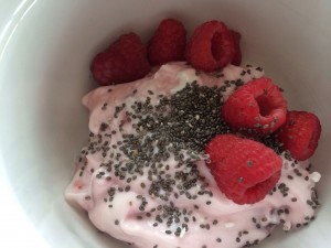 I sprinkled 3 tbsp chia seed on Greek yogurt with some fresh raspberries!!