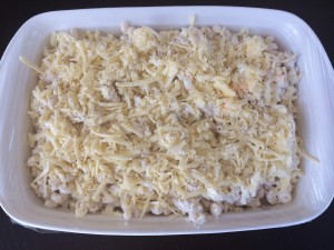 Like a little crunch? Cover Mac n cheese with Panko breadcrumbs or crushed cornflakes! Broil last 5-8 minutes and keep watch! Pull it out of oven when top is golden brown!