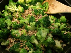 Make sure your heat is at a low/medium temperature! You don't want to brown the broccoli just heat through and mix the flavors together.
