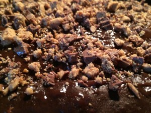 Cake with gooey chocolate peanut butter marshmallow bites. Yummy!