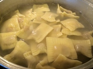 When they are floating, spoon them out with a slotted spoon and add the second batch to the water. I cook 12-20 at a time (depending on the pot) to ensure even cooking.