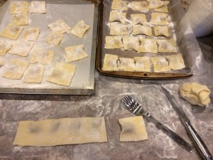 A skinny rectangle and filling closer together will make smaller ravioli. See photo! 