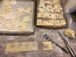 A skinny rectangle and filling closer together will make smaller ravioli. See photo!