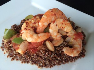 Shrimp jambalaya served over red quinoa!