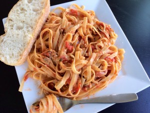 I have ordered linguini clams or cioppino in Italian restaurants for years because I make everything else on the menu at home. Notice how the dish is not saucy, but not dry! Slippery linguini noodles with surprises hidden throughout.