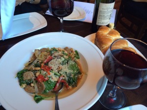 Love at first bite! Spicy Italian sausage throughout the beans and greens. Delicious!