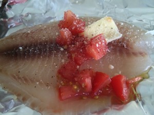 I chose to add chopped tomatoes to my packets this time. The fish is delicious with or without them!