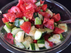 In the summer, I love to serve a crisp, cold salad with steak. Here is a cucumber-tomato -pepper salad seasoned with Ciao Pittsburgh's Aroma seasoning and a few splashes of olive oil! 