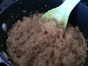 Quinoa needs rinsed before cooking. It absorbs the water and is ready to eat! 