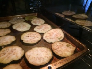 Bake the eggplant slices until they are bendable, perfectly rollable. 