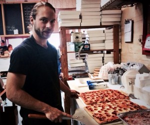 Nicholas Colangelo and the famous square pizza with the tiny pepperoni!