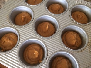 Muffins will bake and expand- careful not to overfill!
