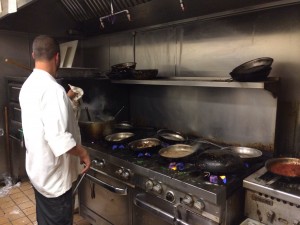 Pans lined the stove with orders. Keeping up with the latest restaurant trends, Matt sears the black and blue ribeye creating a fabulous almost crusty edge with a melt-in-your-mouth center.