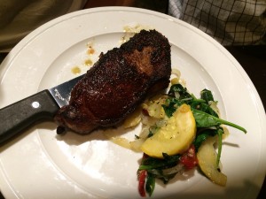 The steak was cooked perfectly- the outside crisp and inviting, the inside red and juicy. 