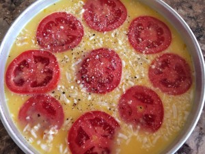 Although the mixture is uncooked, the toppings are the beautiful finish of a frittata. Like the red ripe tomatoes, greens pop also such as spinach and kale! 