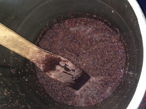 De-stemmed and crushed grapes are left in barrels for one week, stirring daily.