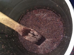 De-stemmed and crushed grapes are left in barrels for one week, stirring daily. 