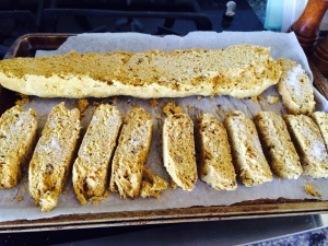 Slice horizontally in half and then on a diagonal into 1 inch wide cookies.